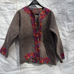 Women’s Embroidered Wool Blend Cardigan Sweater - Brown with Multicolor Trim